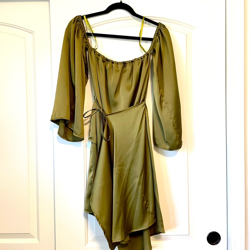Premonition Designs Pia Mini Dress - Olive Green - Elegant Off-Shoulder Dress 6